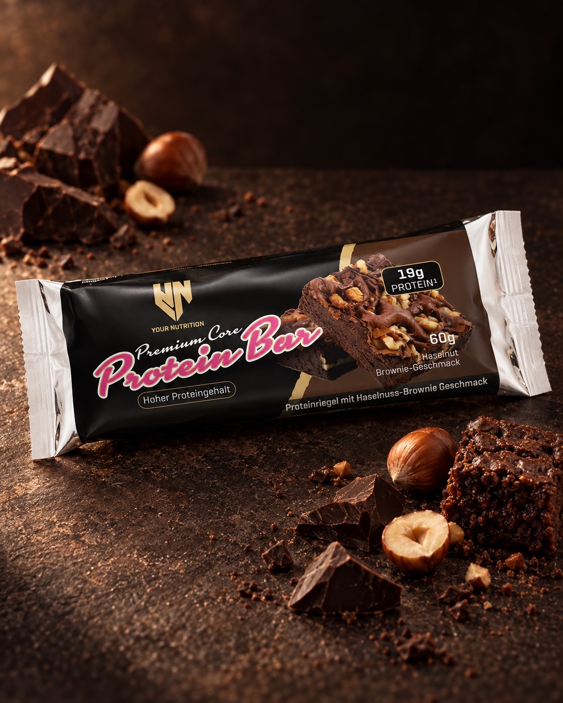 Premium Core Protein Bar mit Haselnüssen, Schokolade und Brownie als Geschmacksinszenierung