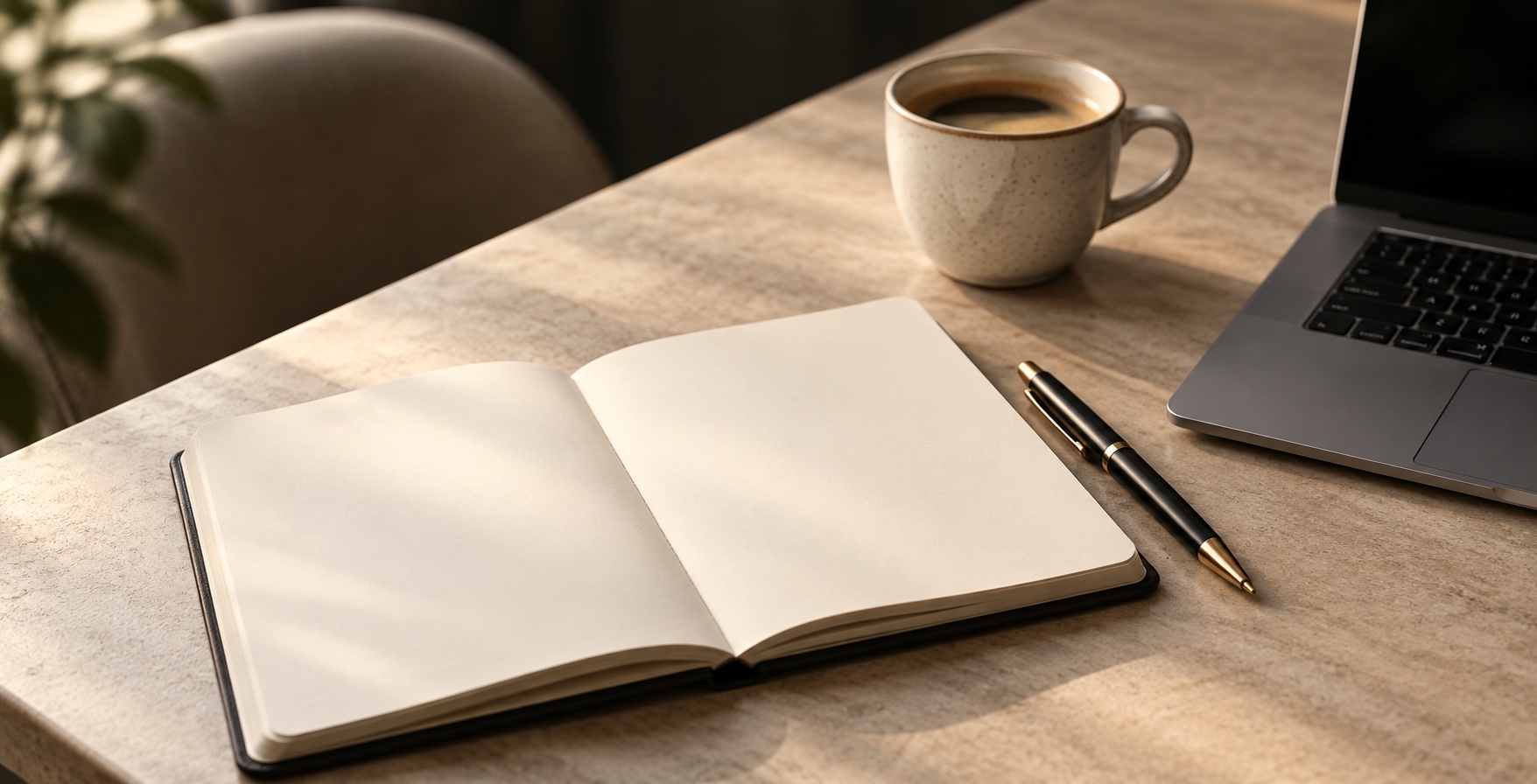 Notizbuch, Stift und Laptop für deine persönliche Anfrage