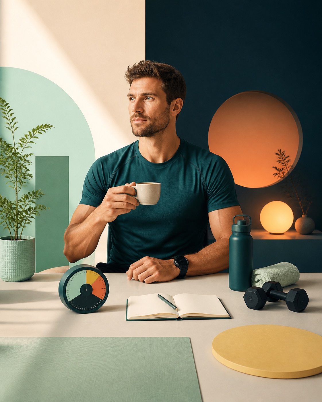 Athlet mit Kaffee, Timer und Abendlicht als Symbol für bewusstes Koffein-Timing