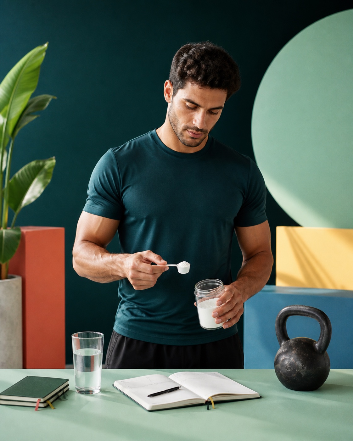 Athlet bei einer klaren Creatin-Routine mit Wasser und Trainingsjournal