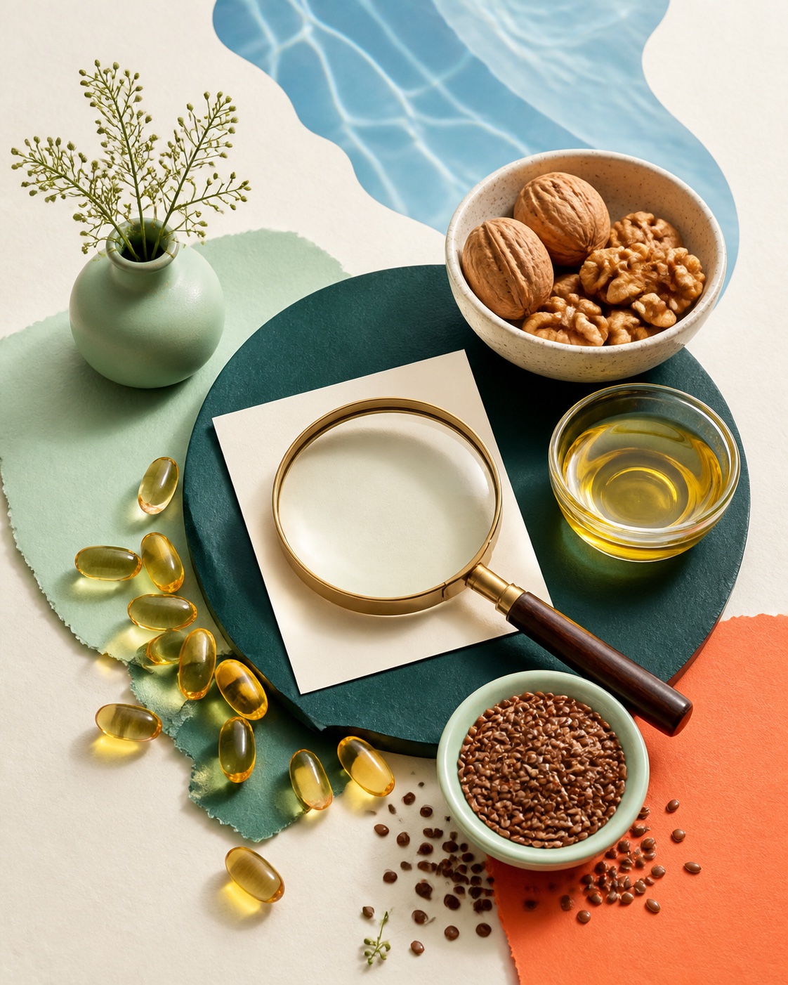 Omega-3 Quellen und Lupe in einer klaren redaktionellen Inszenierung