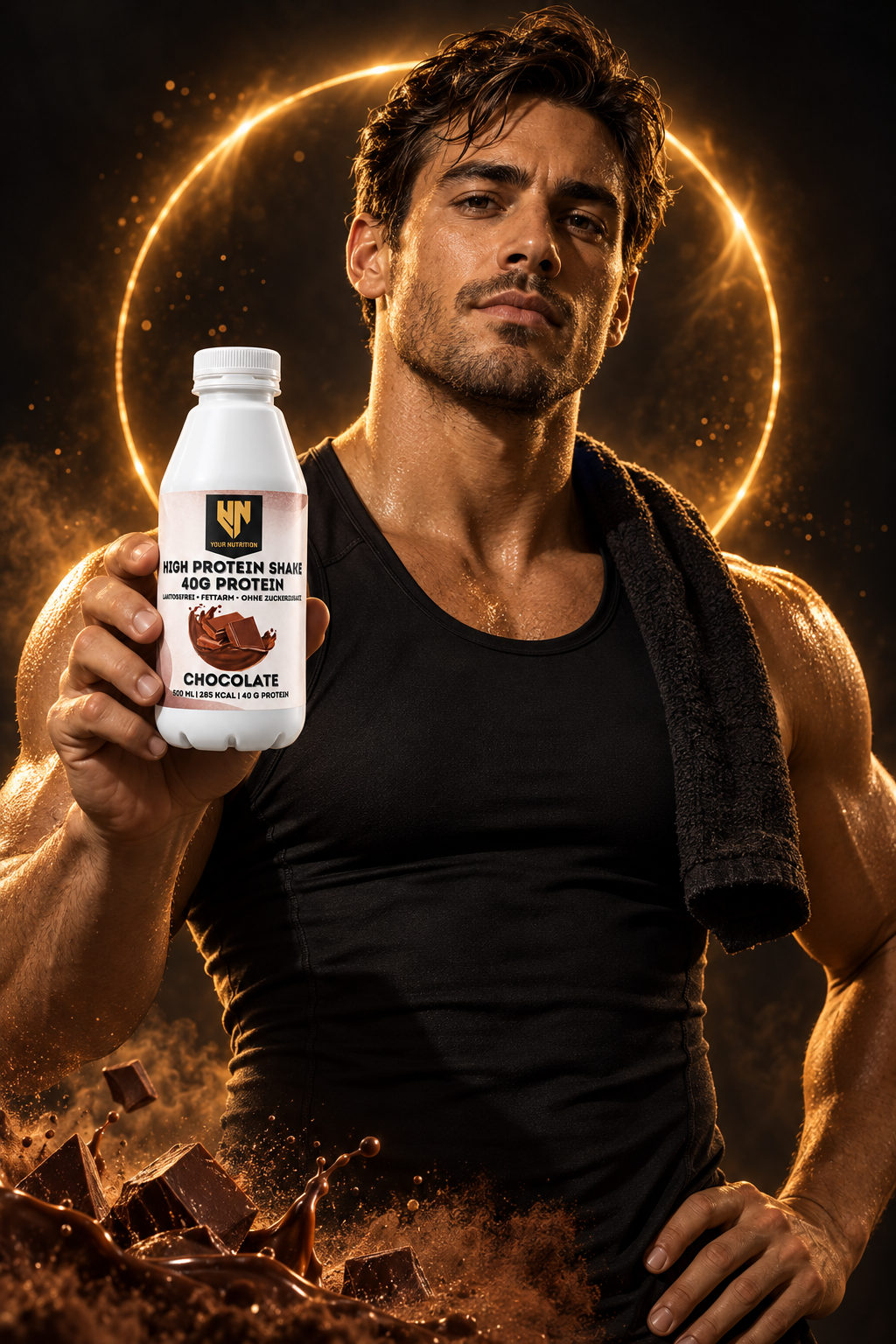 Athlete holding a High Protein Shake Chocolate in a warm premium setting