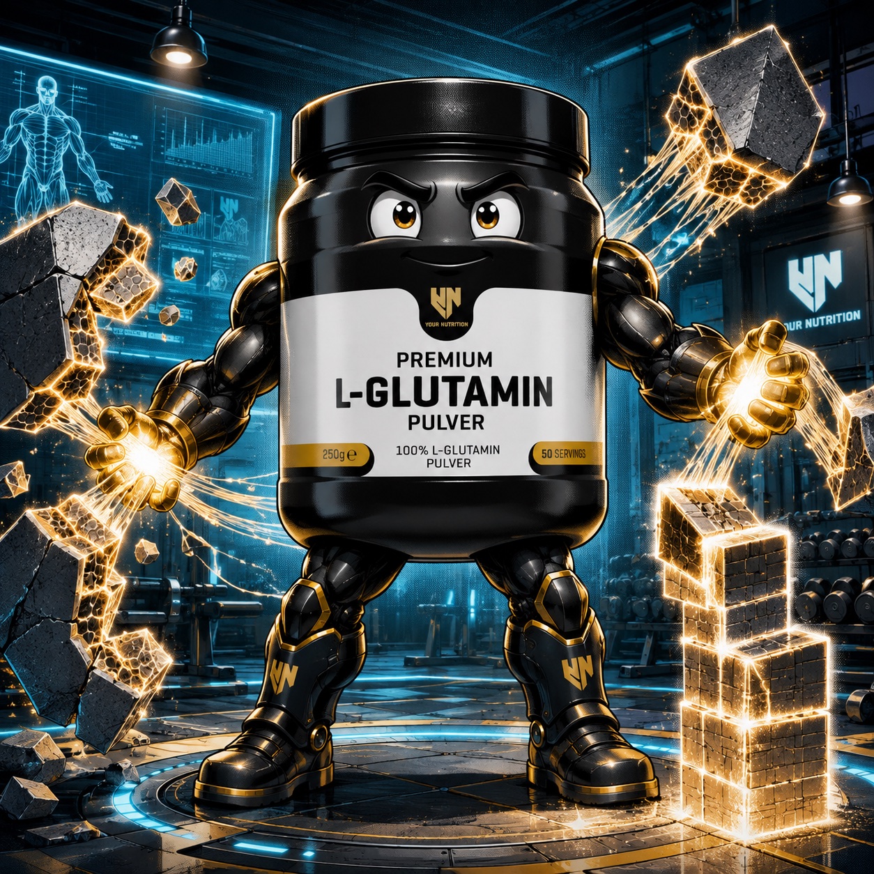 Premium L-Glutamin als kraftvolles Your-Nutrition-Hero-Motiv