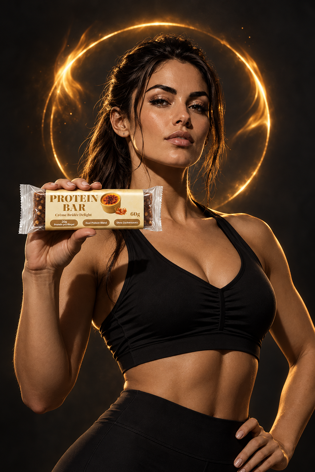 Athlete holding a Crème Brûlée Protein Bar in a warm premium setting