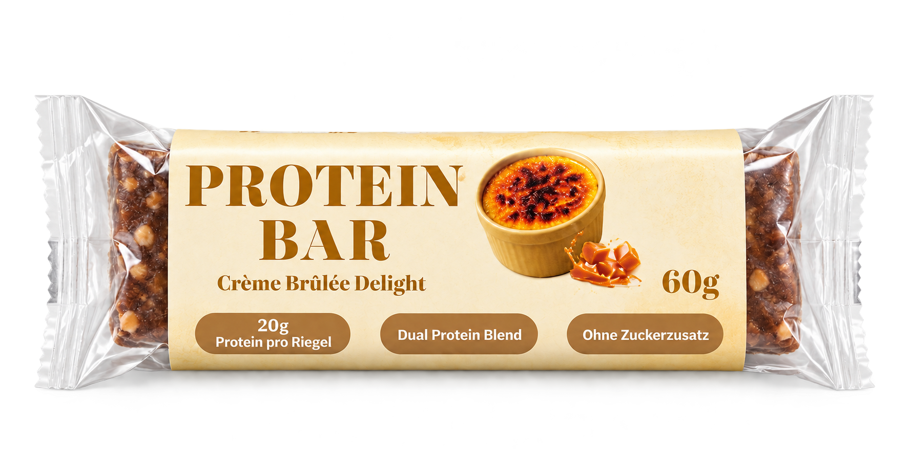 Crème Brûlée Protein Bar in clear wrapping with a cream and gold sleeve
