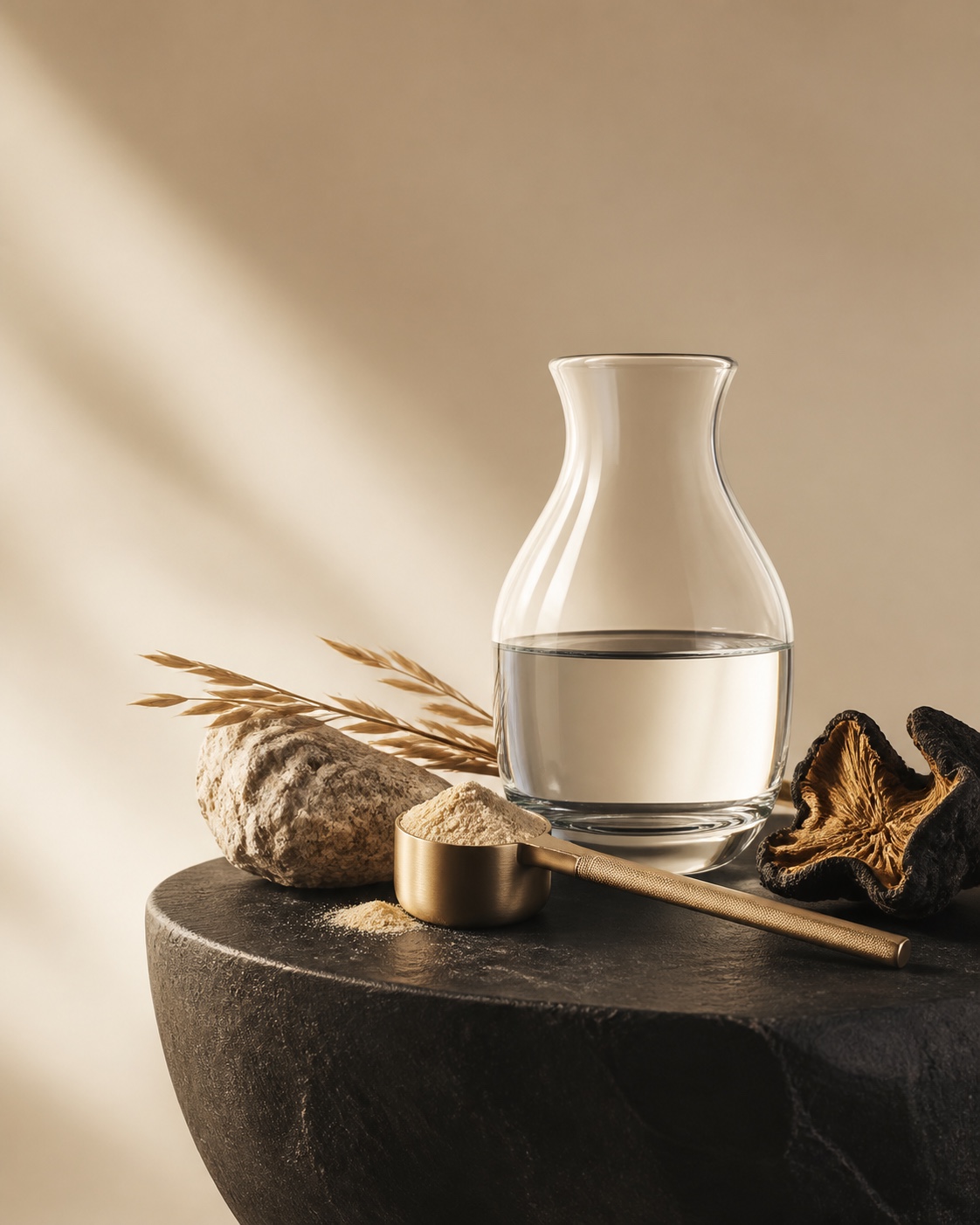 Hochwertige Komposition aus Glas, Messlöffel und feinen Rohstofftexturen als Symbol für Präzision und Transparenz